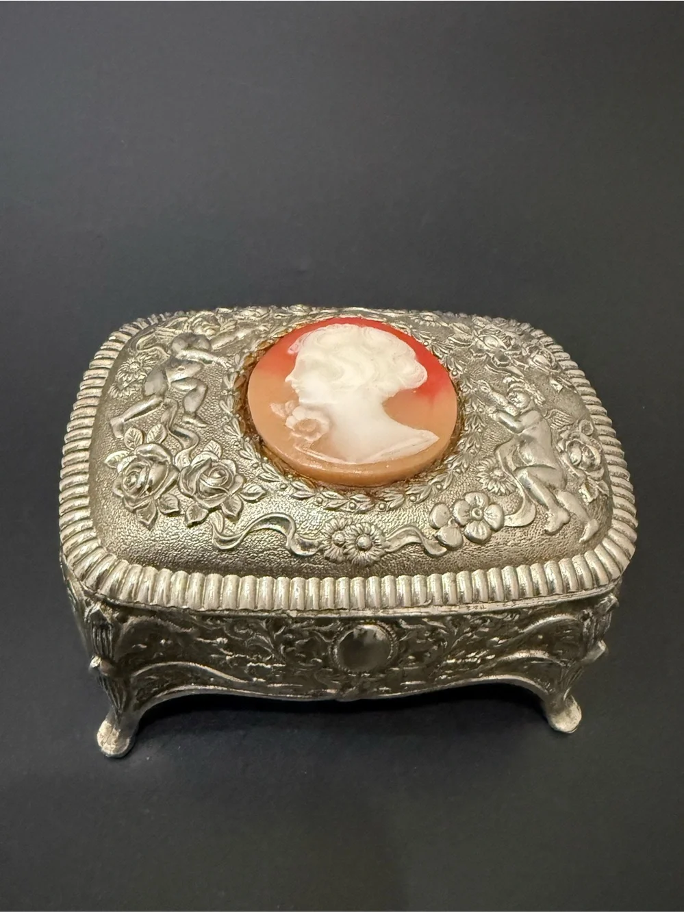 Vintage Victorian Revival Cameo Silver-plated Ornate Footed Trinket Jewelry Box